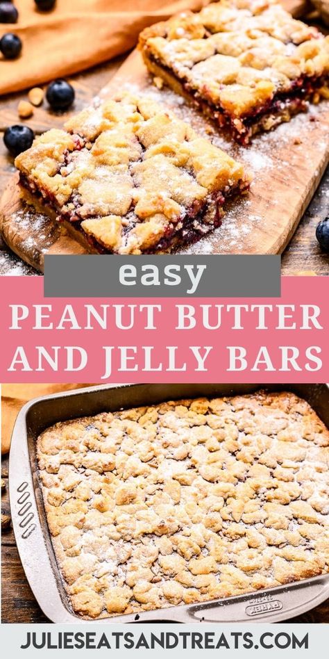 Love a classic peanut butter and jelly sandwich? Now you can enjoy your favorite flavors in dessert form! These Peanut Butter and Jelly Bars are soft and chewy. The base peanut butter crust is topped with jam and chopped peanuts and then more peanut butter crust. Perfect dessert, bake sale treat, potluck dessert or after school snack. #peanutbutter #jelly Ultimate Desserts, Peanut Butter Jelly Recipes, Peanut Butter And Jelly Bars, Peanut Butter Crust, Potluck Dessert, Jelly Bars, Bake Sale Treats, Fair Foods, Peanut Butter And Jelly Sandwich