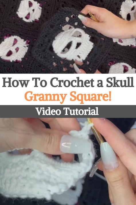 How To Crochet a Skull Granny Square! Amigurumi Patterns, Scull Crochet Granny Square, Skull Granny Square Tutorial, Alter Cloth Crochet Pattern, How To Crochet Skull Granny Square, Skull Granny Square Sweater, Skull Crochet Square, Skull Granny Square Blanket, Free Skull Granny Square Pattern