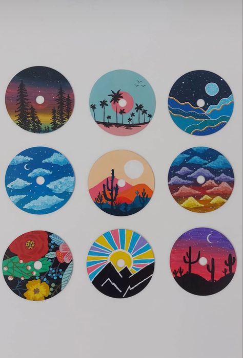 Wall decor . Acrylic painting on cds or records. #pinterest #pinterestinspired #pinterestideas #diycrafts #aesthetic #iphonephotography Painting On Cds, Cd Painting Ideas, Dvd Art, Art Cd, Vinyl Record Art Ideas, Painted Records, Painted Vinyl Records, Cd Wall Art, Vinyl Art Paint