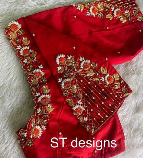 Maggam Work For Lehenga Blouse, Maggam Work Blouse Designs With Net, Magam Work On Red Blouse, Net Blouse Maggam Work Designs, Red Blouse Embroidery Designs, Red Aari Work Blouse Designs, Red Blouse Aari Work Designs, Net Maggam Work Blouses, Red Bridal Blouse