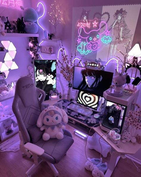 Organisation, Pc Desk Setup Ideas, My Kuromi, Kuromi Theme, Kuromi Room, Gaming Setup Bedroom, Neon Strip Lights, Gaming Girls, Games Room Inspiration