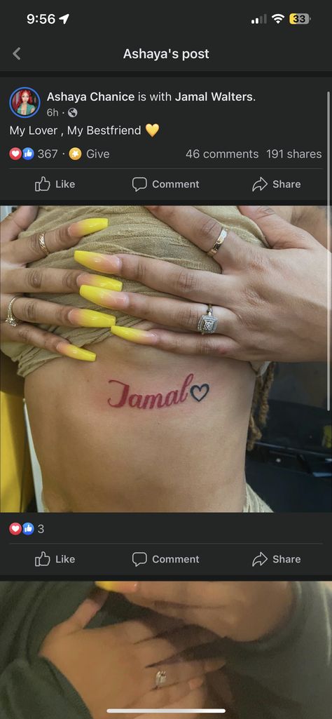 Bf Names Tattoo, Womens Name Tattoos For Men, Name Tatted On Chest, Mandalas, Jamal Name Tattoo, Matching Couple Tattoos Names, Black Couple Tattoo Ideas, Men Name Tattoos For Women, Boyfriend Names Tattoo Ideas