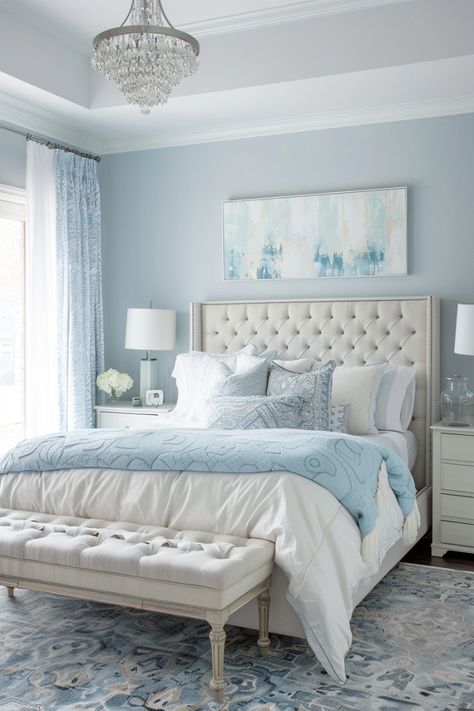 Find your dream bedroom with these 19 light blue bedroom ideas. Whether you prefer modern or classic styles, these designs will help you create a serene and beautiful space. Light Blue Bedding Room, White With Blue Accents Bedroom, White And Light Blue Bedroom, Blue Hues Bedroom, Mirror Chair, Light Blue Rooms, Beige Bedroom Furniture, Blue Bedroom Ideas, Light Blue Bedroom