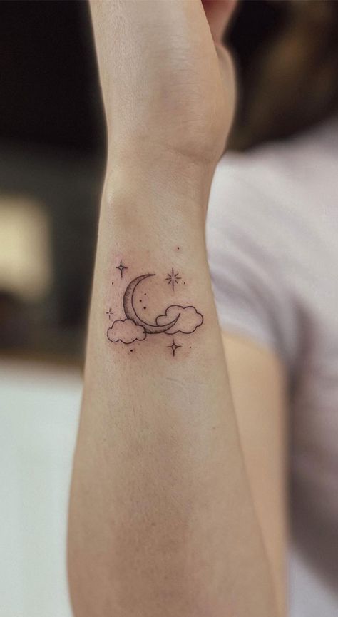 star tattoo, star tattoos, star tattoo designs, star tattoo ideas, star tattoo on arm, star tattoo on hand Star With Flowers Tattoos, Cloud Sun And Moon Tattoo, Moon Stars And Clouds Tattoo, Moon And Beach Tattoo, Celestial Arm Tattoo, Written In The Stars Tattoo, Tattoos For Women Stars, Moon And Star Tattoos For Women, Arm Star Tattoo
