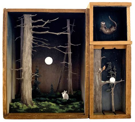 Jewelry Box Diorama, Diarama Ideas, Box Diorama, Nighttime Sky, Box Assemblage, Bookshelf Art, Shadow Box Art, Colossal Art, Modern Crafts