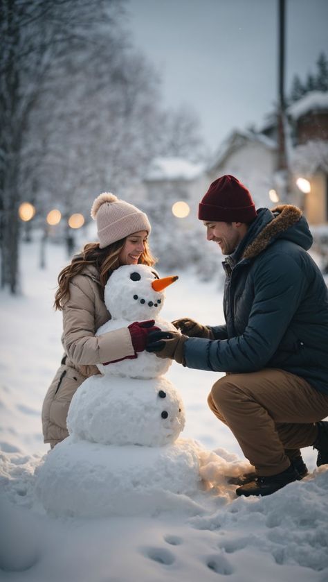 "Winter Fun: Building a Snowman Together" Santiago, Couple Building Snowman, Christmas Lovers Couples, Christmas Couple Reference, Couple Pics In Snow, Snow Photography Couples, Playing In The Snow Aesthetic, Snow Couple Aesthetic, Couple Poses In Snow