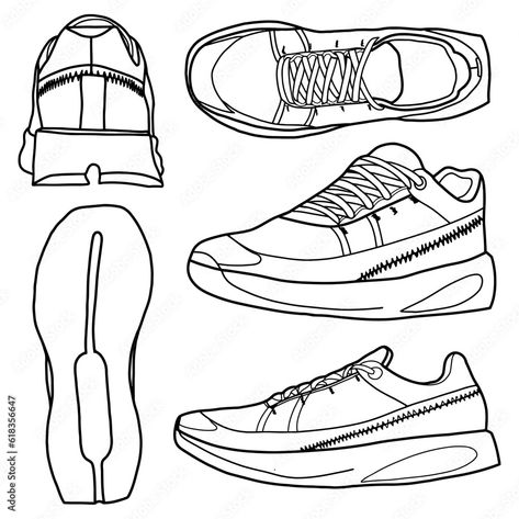 Template vector running shoes, suitable for your custom running shoes, outline vector doodle illustration, front, back, bottom, side and top view, isolated with white background. Shoes Side View Drawing, Shoes Back View, Shoes Doodle, Side View Drawing, Shoes Vector, Vector Doodle, Cartoon Shoes, Shoes Drawing, Line Art Design