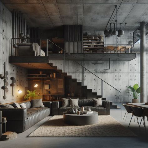 Brutalist Interior Design Industrial Aesthetics Kos, Brutalist Industrial Design, Concrete Apartment Aesthetic, Brutalist Home Decor, Brutalist Home Interior, Minimalistic House Interior, Brutalist Room, Apocalyptic Core, Brutalist House Design