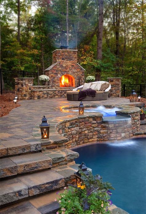 If you're longing for spring, check out the more than 50 amazing outdoor fireplace designs and outdoor living spaces collected by onekindesign.com. Design Camino, Taman Air, Outdoor Fireplace Designs, Pools Backyard, Dream Pools, Backyard Living, Design Exterior, Budget Diy, Dream Backyard