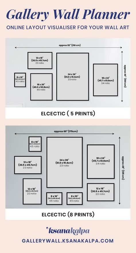 Picture Layouts On Wall Living Rooms, How To Style Picture Frames On Wall, Photo Wall Collage Frame Sizes, Cluster Frames On Wall, Gallery Wall Size Layout, Size Of Frames For Gallery Wall, Frame Organization On Wall, Wall Gallery Size Guide, Large Print Gallery Wall Layout