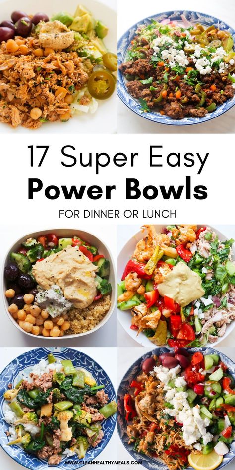 A collection of healthy power bowls to meal prep for lunch including vegetarian options as well as healthy bowls with meat or salmon. Meal Prep Healthy Bowls, Healthy Lunch Ideas Bowls, Lunch Meal Prep Bowls, Dinner Ideas Healthy Bowls, Healthy Meals Bowls, Healthy Delicious Lunch Ideas, Lunch Meal Prep Salad Ideas, Protein Salad Meal Prep, Healthy Easy Bowls