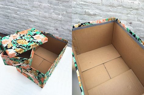 Turn Cardboard Boxes into Pretty Storage Bins Cartonnage, Organisation, Diy Cardboard Storage Box With Lid, How To Turn Cardboard Boxes Into Storage, Storage Boxes Diy, Upcycle Boxes, Cardboard Storage Boxes, Storage Bins Diy, Decorative Cardboard Boxes