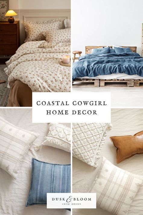 Coastal Cowgirl Home, Surfer Cowgirl, Cowgirl Home Decor, Cowgirl Bedding, Coastal Boho Bedroom, Coastal Cowgirl Decor, Cowboy Bedroom, Coastal Cowgirl Aesthetic, Cowgirl Bedroom