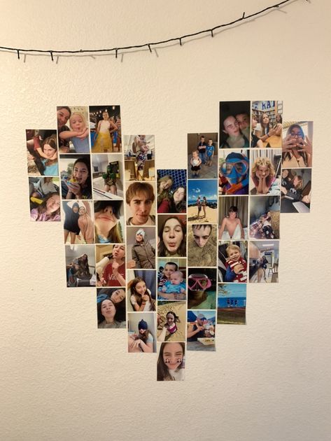 4x6 Picture Wall Ideas, Love Heart Picture Wall, Photo Wall Collage Ideas Layout 4x6, Heart Out Of Pictures On Wall, Picture Heart Wall Layout, Heart Wall Pictures Shape, How To Make A Heart Out Of Pictures, Heart Wall Collage Layout, Ways To Put Pictures On Wall