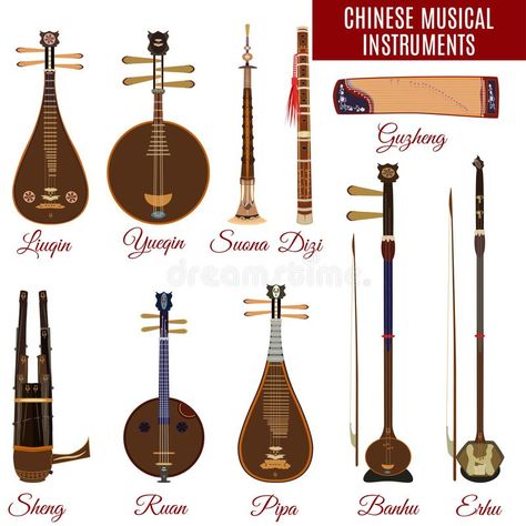 Vector set of chinese musical instruments, flat style. Qin Chinese Instrument, Erhu Chinese Instrument, Guqin Chinese Instrument, Lute Design, Guzheng Instrument, Asian Instruments, Lute Instrument, Chinese Musical Instruments, Japanese Instruments