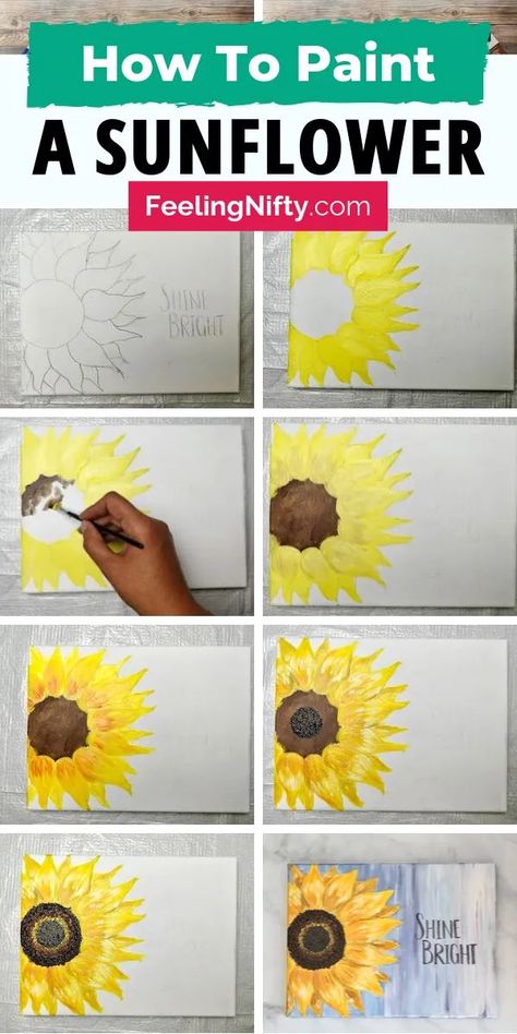 Learn how to paint sunflowers with this easy step by step tutorial. Use Acrylic paints to create this simple  DIY flower painting on wood or canvas (small or big). You’ll first learn how to draw a sunflower by tracing it- then paint in the abstract sunflower. Add a inspirational quote to compete your painting. #sunflower #sunflowerPainting #easyPainting #flowerPainting #flowerPower #acrylicPainting #art #diyArt #painting Paint Flowers Easy Step By Step, Painting Sayings On Canvas, Painted Sunflowers Easy, Easy Sunflower Canvas Painting, Sunflower Painted On Wood, Step By Step Canvas Painting Easy Summer, Diy Sunflower Painting Canvases, Sunflower Sip And Paint, How To Paint Simple Flowers Step By Step