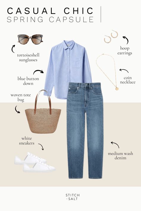 Casual Chic Spring Capsule Wardrobe + 17 Outfit Ideas - Stitch & Salt Spring Smart Casual Outfits, How To Have Style, Capsule Wardrobe Casual, Simple Dressing, Stile Casual Chic, Casual Chic Spring, Chic Outfits Spring, Chic Outfit Ideas, Fashion Tape