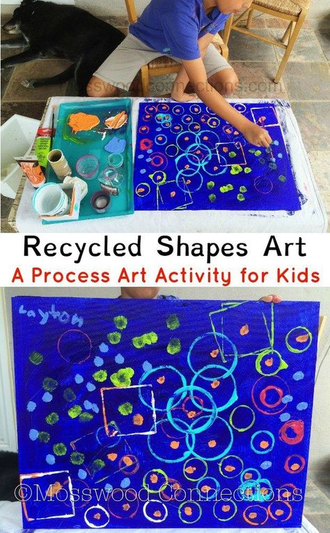 Recycled Shapes Art; A Process Art Activity for Kids; Recycled Shapes Process Art Project Painting With Recycled Materials, Special Needs Painting Ideas, Earth Day Cognitive Activities, Preschool Messy Art, Recycle Study For Preschool, Reggio Process Art, Prek Process Art Ideas, Preschool Art Station, Open Ended Art For Infants