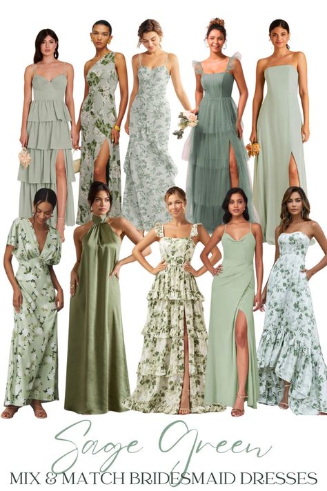 Bridesmaid Prenup Outfit, Spring Garden Bridesmaid Dresses, Green And Floral Bridesmaid Dresses, Bridesmaid Printed Dresses, Floral Mixed Bridesmaid Dresses, Different Sage Green Bridesmaid Dresses, Different Textures Bridesmaid Dresses, Color Pallet Bridesmaid Dresses, All Different Green Bridesmaid Dresses