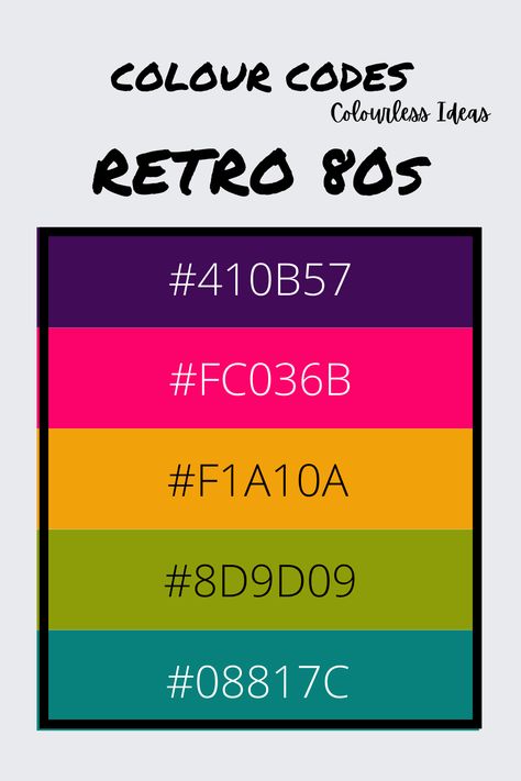 Follow for more colour palettes 80s Color Scheme, 80s Colour Palette, Color Palletes, Retro Color Palette, Hex Color Palette, Color Design Inspiration, Japanese Poster Design, Stunning Hairstyles, Palette Art