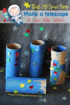 Learning About the Stars Our first week of the space theme covered: stars sun moon astronomer clouds We made our own stargazer telescopes so we could pretend to be an astronomer. We used blue paint with a little silver glitter paint to paint a cardboard roll. Then we added sparkly star stickers. We learned about...Read More » Out Of This World Preschool Activities, Out Of This World Preschool Crafts, Creative Art Space, Out Of This World Crafts, Planet Art Projects For Kids, Space Crafts For Toddlers, Preschool Space Theme, Space Activities Preschool, Paper Roll Crafts For Kids