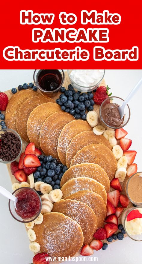Waffle And Pancake Bar, Pancake Breakfast Board, Pancakes Decoration, Pancake Presentation, Pancake Charcuterie Board, Pancake Platter, Easter Pancakes, Pancake Bar, Charcuterie Inspiration