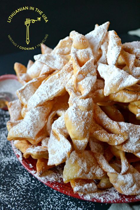 Crispy Fried Pastry Ribbons / Traškūs žagarėliai – Lithuanian in the USA Chrusciki Recipe, Sweet Fries, Slovak Recipes, Lithuanian Recipes, Polish Desserts, German Baking, Pastry Cook, Italian Cookie Recipes, Ukrainian Recipes