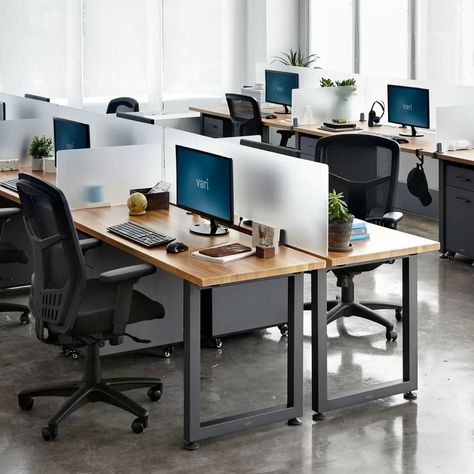 Industrial Office Decor Ideas, Desk Privacy Panel, Desk Privacy, Open Office Layout, Open Concept Office, Desk Partitions, Office Cubicles, Office Partitions, Small Office Design