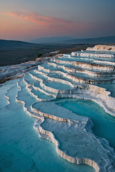 Pamukkale, Turkey: "A surreal image of Pamukkale’s white travertine terraces filled with turquoise mineral-rich waters, glowing softly under a twilight sky." Pamukkale, Turquoise, Art, White Travertine, Pamukkale Turkey, Twilight Sky, Image Gallery, White