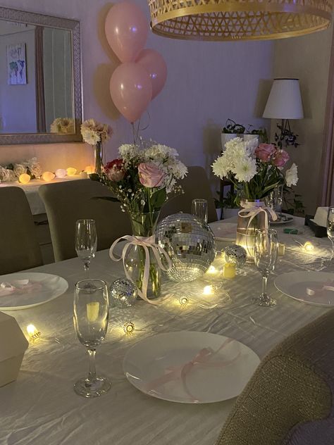 #dinnerparty #pink #bows #mirrorball Girly Bday Ideas, Birthday Aesthetic Activities, 21 Birthday Set Up, Pink Birthday Party Table Decorations, Pretty Pink Party, Aesthetic Birthday Sleepover, 16th Birthday Table Decorations, Aesthetic Party Activities, Soft Pink Birthday Decoration