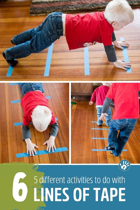 Build gross motor skills with five easy activities using just six lines of tape! Community Helper Gross Motor Activities, Physical Activities For Preschoolers, Physical Development Activities, Physical Activities For Toddlers, Motor Skills Preschool, Therapy For Kids, Pe Activities, School Age Activities, Gross Motor Activity