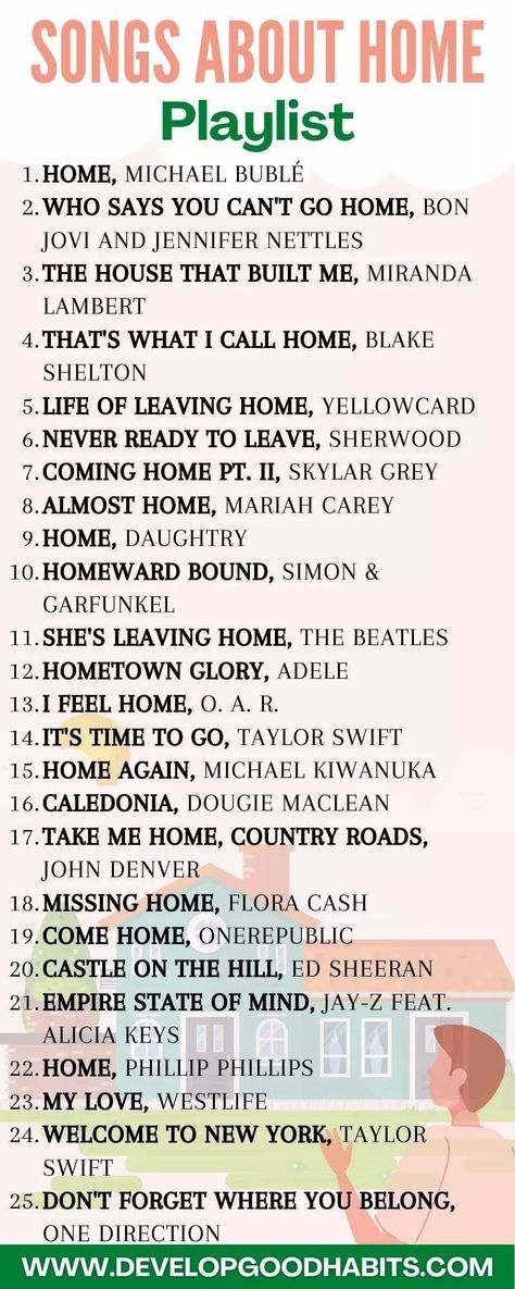 There may come a time when it becomes necessary to leave home. Then, in the great cycle of life, there will likely come a time when you’ll be making a homecoming. This playlist features songs about leaving home and songs about homecoming. To celebrate your time leaving home and coming back. #songlists #playlists #infographic Songs About Getting Back Together, Songs About Family, Spotify Playlist Songs, Dance Music Playlist, Good Playlists, Positive Songs, Playlist Songs, Home Song, Music Jam