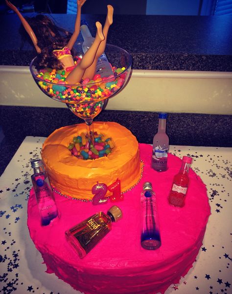 Twenty first birthday cake! Kinda proud of my masterpiece so I decided to share with y'all! 21 21st Birthday Cake Drunk Barbie, Drunk Barbie Cake, 21st Bday Ideas, Bolo Barbie, Twenty First Birthday, 21st Cake, 21st Birthday Cakes, 21st Party, Ge Bort