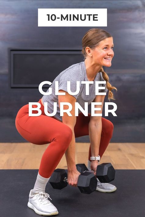 Build your booty with this strength-focused glute workout for women! 5 of the best dumbbell glute exercises to build strong, defined glutes and legs. All you need is a set of dumbbells and modifications are provided for all fitness levels! Leg And Glute Gym Workout, Parts Of The Glute, Glute Builder Workout, Hiit Workout Legs Glutes, Glute Focused Dumbbell Workout, Db Glute Exercises, Easy Leg And Glute Workout, Pilates For Glutes Workout, Glutes And Abs Workout Gym