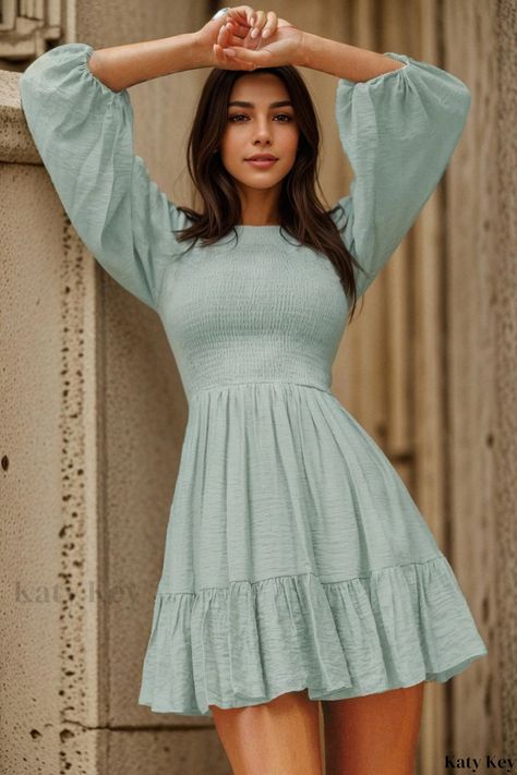 Trendy Long Sleeve Shirts, Long Sleeve Chiffon Dress, Sundress Casual, French Dress, Basic Skirt, Europe Trip, Dress Shirt Sleeves, Rayon Dress, Mini Dress Casual