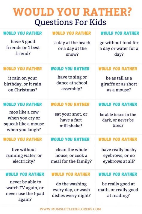 105 Funny Would You Rather Questions For Kids (With FREE Printable) Would You Rather Kids, Funny Would You Rather, Conversation Starters For Kids, Ag Teacher, What Would You Rather, Questions For Kids, Kids Questions, Meeting Activities, Rather Questions