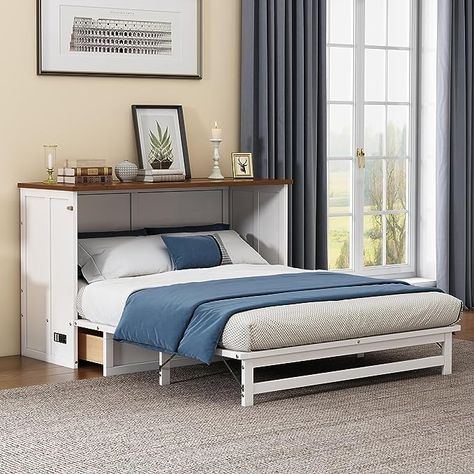 Amazon.com: Merax Modern Farmhouse Solid Wood Murphy Bed Chest/Space Saving/Wood Slat Support/Queen,White+Walnut : Home & Kitchen Murphy Storage, Murphy Bed Chest, Full Size Murphy Bed, Pine Bed Frame, Cozy Studio Apartment, Bed Chest, Queen Murphy Bed, Bedroom Ambiance, Modern Murphy Beds