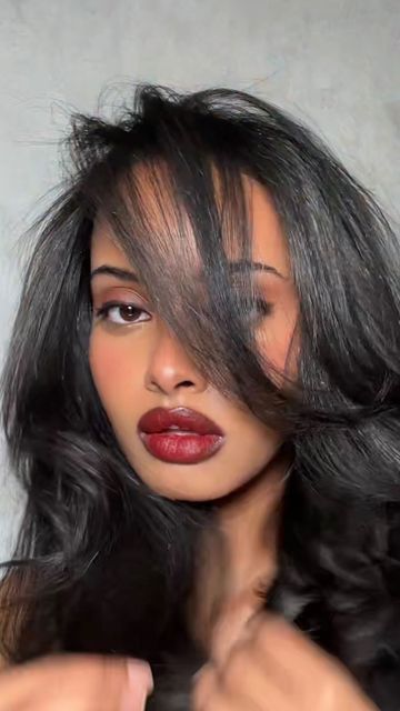 Dark Red Lipstick Black Women, Red Lips On Brown Skin, Red Lip With Dark Liner, Red Lip Makeup Look Brown Skin, Red Hair Red Lipstick Black Women, Red Lipliner Look, Brown Lip Liner Red Lipstick, Brown Skin Red Lips, Dark Red Lipstick Looks