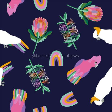 This Australian Surface Design features an Aussie Protea and Bottle Brush, Galah and Cockatoo. Navy Blue Background with Australian design Protea and Bottle Brush Purple, Pink, Blue, Green, Yellow, Aqua Adelaide Hills, Silver Highlights, Australian Bush, Illustrator Art, Paper Fabric, Fabric Bed, Summer Knitting, South Australia, Art Therapy