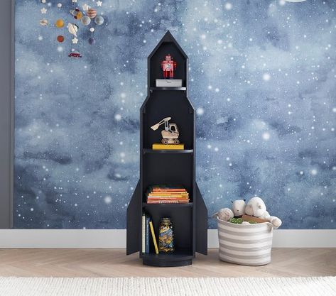 Kids Bookshelves & Bookcases | Pottery Barn Kids Night Sky Mural, Spaceship Bedroom, Boys Space Room, Boys Space Bedroom, Pottery Barn Bookcase, Sky Mural, Childrens Bookcase, Storage Kids, Dollhouse Design