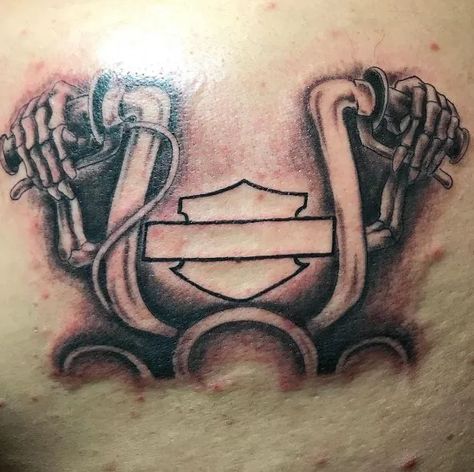 125+ Harley Davidson Tattoo Ideas That Will Get Your Motor Running Logos, Harley Davidson Symbol Tattoo, Harley Davidson Sleeve Tattoos, Harley Davidson Tattoo Stencil, Harley Davidson Eagle Tattoo, Harley Davidson Bar And Shield Tattoo, Mens Motorbike Tattoo Ideas, Harley Tattoo Ideas, Harley Davidson Memorial Tattoos