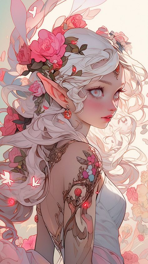 A beautiful Fae Goddess with a butterfly on her shoulder Pink Dragon Drawing, Female Fairy Character Design, Fairy Bard Dnd, Eladrin Spring, Summer Eladrin Female, Spring Eladrin Female, Spring Eladrin, Fae Goddess, Ranger Dnd