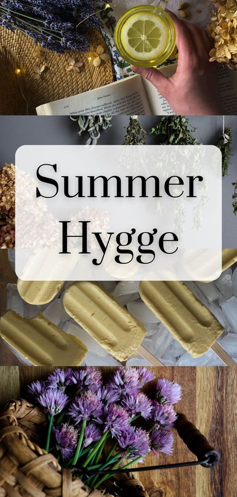 Enjoy a hygge summer this year by enjoying time in the kitchen with the windows open, time in the garden, and slowing down with a good book! Here are all sorts of ideas for you to enjoy this Summer in and out of the home! | Summer Aesthetic | Seasonal Living | Hygge Summertime Essen, Hygge In Summer, Diy Hygge Decor, Slow Living Recipes, Hygge Home Aesthetic, Hygge Summer Aesthetic, Cozy Summer Home, Slow Living Aesthetic Summer, Slow Summer Aesthetic