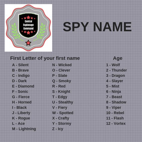 Spy Card Template, Spy Code Name Generator, Secret Agent Name Generator, Spy Name Generator, Spy Code Names, Detective Training, Spy Crafts, Name Ideas Boy, Spy Kids Party