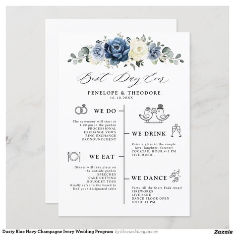 Dusty blue floral wedding program featuring elegant bouquet of navy blue, royal blue , white , gold, champagne ivory, blush color rose , ranunculus flower buds and sage green eucalyptus leaves and elegant watercolor bouquet. Please contact me for any help in customization or if you need any other product with this design. Champagne Ivory Wedding, Ranunculus Flower, Blue Floral Wedding, Elegant Bouquet, Green Eucalyptus, Elegant Watercolor, Watercolor Bouquet, Gold Champagne, Eucalyptus Leaves