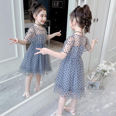 02A4341 02A4341-3T Korean Simple Outfits, Dress For Girls Kids, Polka Dot Fashion, Mesh Dresses, Yellow Clothes, Dresses Princess, Polka Dots Fashion