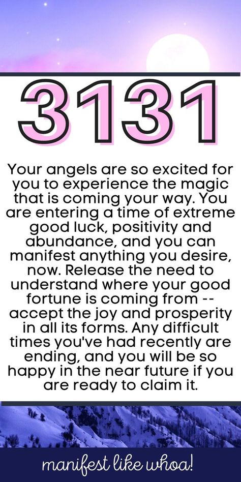 Angel number 3131 means that Your angels are so excited for you to experience the magic that is coming your way. You are entering a time of extreme good luck, positivity and abundance, and you can manifest anything you desire, now. Release the need to understand where your good fortune is coming from -- accept the joy and prosperity in all its forms. Any difficult times you've had recently are ending, and you will be so happy in the near future if you are ready to claim it. Angel Number Meaning, Numerology Life Path, Angel Number Meanings, Manifest Anything, Affirmations For Happiness, Ancient Books, Number Meanings, Abraham Hicks Quotes, Angel Messages