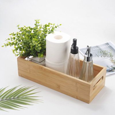 This product fits most standard toilet tanks, bamboo tray with handles for easy movement. Perfect for the top of the toilet tank, also fit your kitchen, bedroom, bathroom office counter and living room shelf to hold toilet paper, perfume, condiment bottles, small planter, vase, toiletries, cosmetic etc. Keep your items organized and within reach. | Loon Peak® Bathroom Basket, 15 X 6 X 4 Inch Toilet Paper Storage | 4" H X 15" W X 6" D | Wayfair | Organization Bathroom Vanity Counter, Bathroom Basket, Organizer For Bathroom, Vanity Counter, Bathroom Baskets, Bamboo Bathroom, Toilet Paper Storage, Wood Basket, Storage Wood