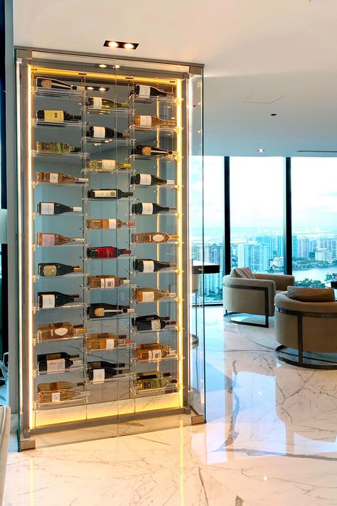 Glass Wine Display Case, Apartment Wine Cellar, Small Home Wine Cellar, Wall Wine Cellar Ideas, Modern Wine Cellar Wall, Refrigerated Wine Wall, Glass Wine Wall Display, Wine Cellar Ideas Modern, Wine Refrigerator Ideas