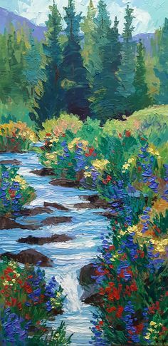 Summer On Blue Creek by Laura Reilly, Acrylic, 24 x 12 Impressionist Acrylic Painting, Oil Painting Time Lapse, Silly Painting Ideas, Lukisan Van Gogh, Lukisan Lanskap, Botanisk Illustration, ポップアート ポスター, Seni Pastel, Arte Van Gogh